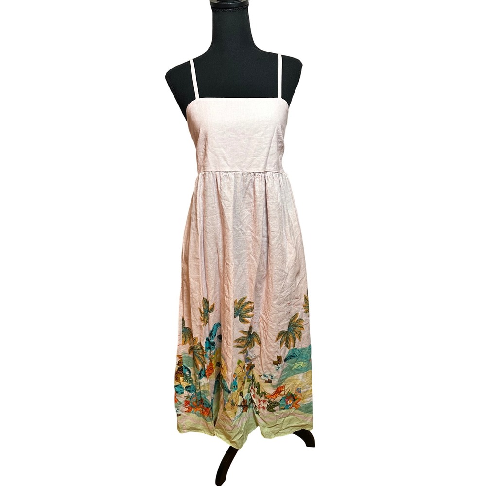 Le Ragazze Italy Linen Cotton Tropical Print Midi Dress Blush Pink Resortwear